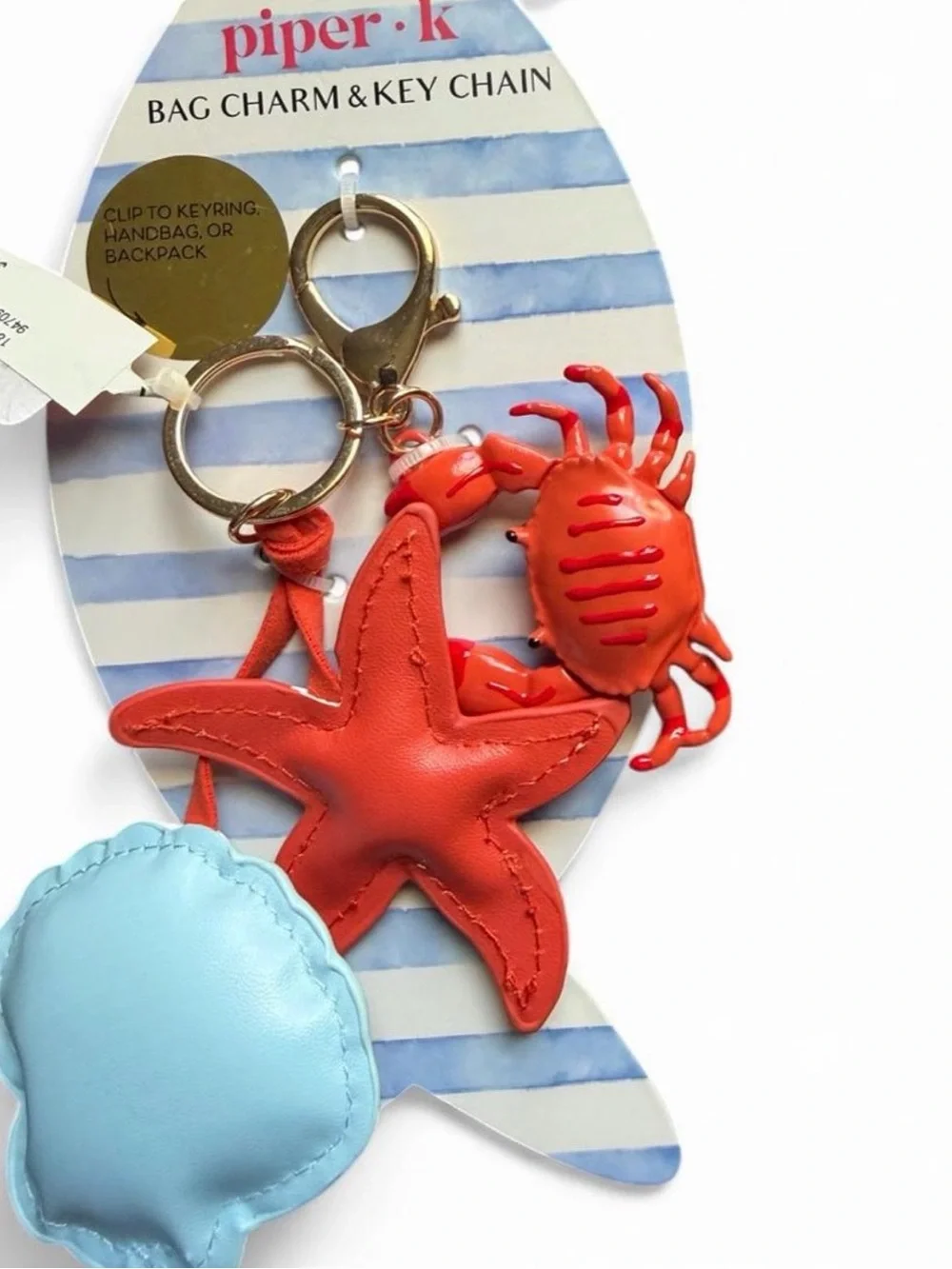 Piper K Starfish & Crab Bag Charm Key Chain with Light Blue Shell Accent